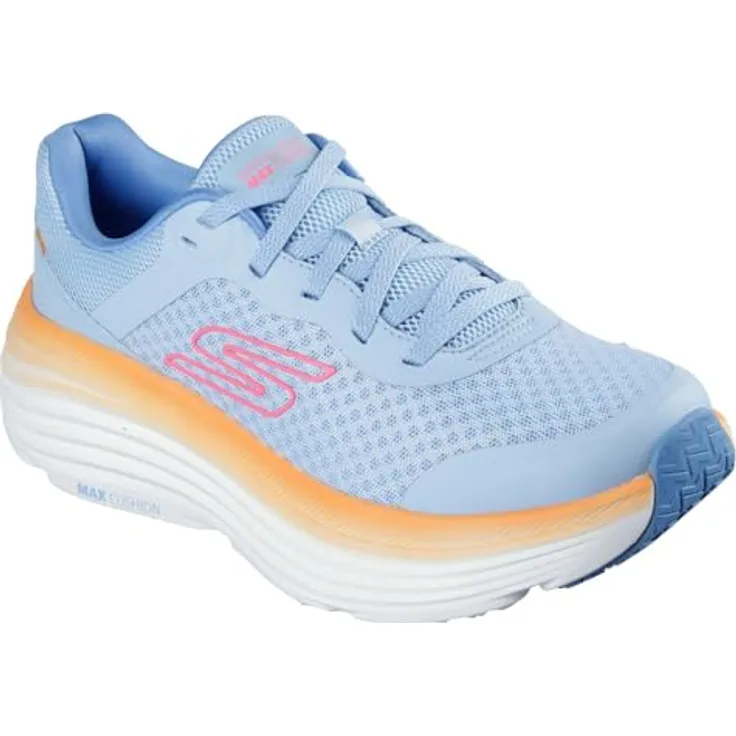 Skechers Max Cushioning Endeavour, Damen Laufschuhe mit Air-Cooled Goga Mat Einlegesohle, veganes Obermaterial, mehrfarbig in Orange und Blau, Größe 36