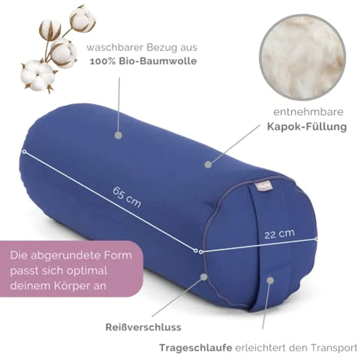 Bodhi Yoga Bolster | ECO Serie | Yogarolle mit Kapok-Füllung | Waschbarer Bezug aus 100% Bio-Baumwolle | Yogakissen für Restoratives Yoga | 65 x 22 cm (dunkelblau) – Bild 3