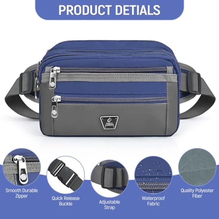 Xoolkly Bauchtasche für Herren und Damen, Gürteltasche mit 7 Reißverschlusstaschen, verstellbarer Hüftgurt, blau – Bild 3