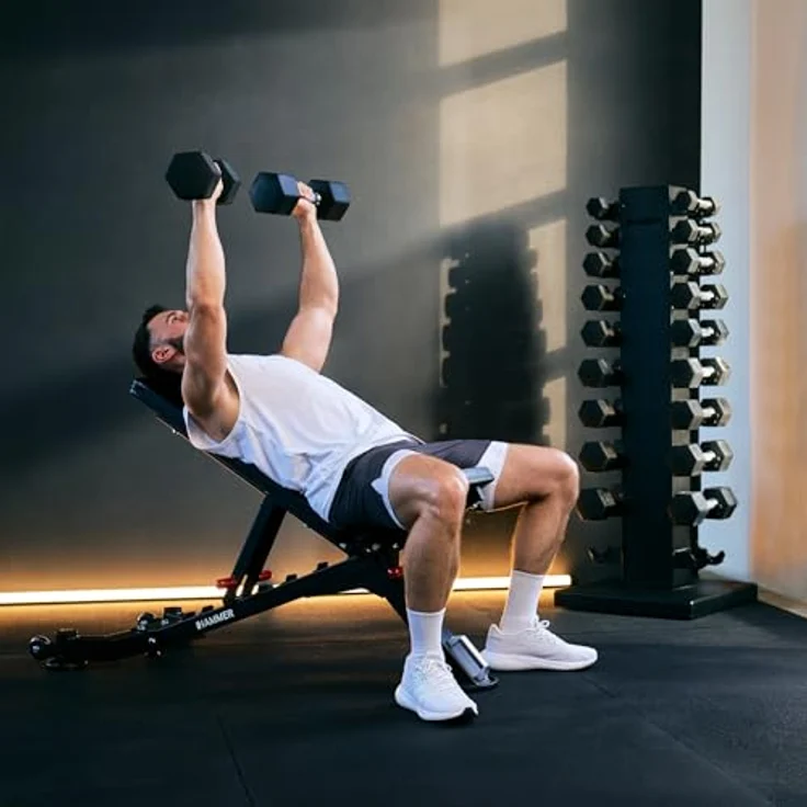 HAMMER Hantelbank Force 5.0, verstellbare Trainingsbank mit Decline-Funktion, klappbar, bis 250 kg Gewichtsbelastung, rissfeste Komfortpolster – Bild 2
