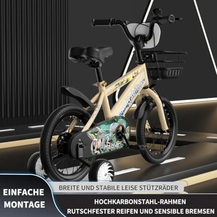 Habib Gruppe Dino-Fahrrad, Kinderfahrrad im Dinosaurier-Design mit 6-teiligem Schutz-Set und höhenverstellbarem Sattel, für Kinder von 85 cm bis 140 cm – Bild 3