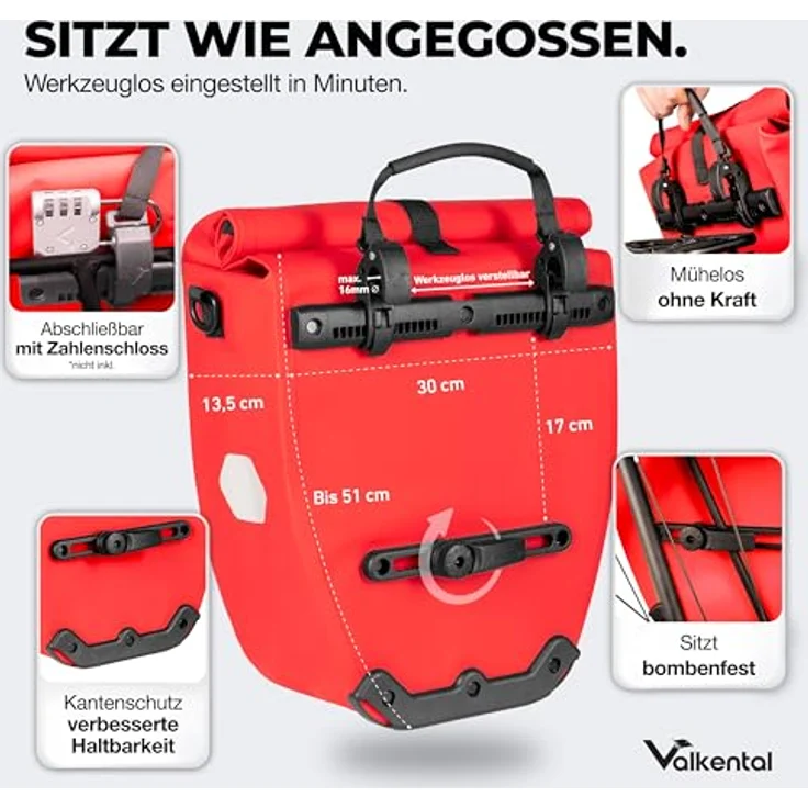 Valkental® Gepäckträgertasche ValkBasic, große wasserdichte Fahrradtasche mit 18-22L, abschließbar und bombenfest sitzend, ausgestattet mit großen Reflektoren, gefertigt für Langlebigkeit – Bild 2