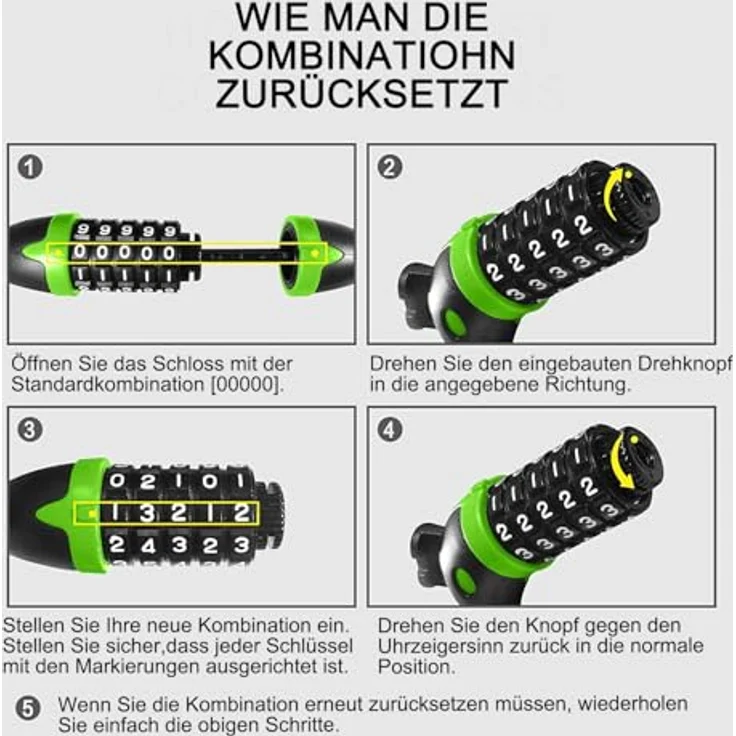 REHKITTZ 120 cm Fahrradschloss, 12 mm Kabelschloss mit 5-stelligem Zahlencode und hoher Sicherheitsstufe, grün – Bild 4