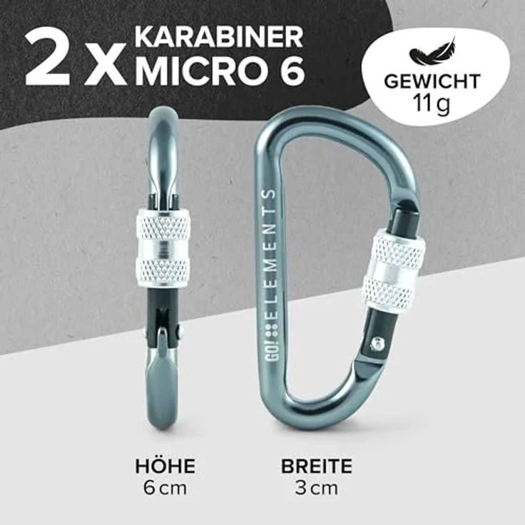 GO!elements Mini Karabiner Micro 6, Multifunktionaler Schraubverschluss-Karabiner im 2er Pack, salzwasserbeständig, Farbe: Storm – Bild 2