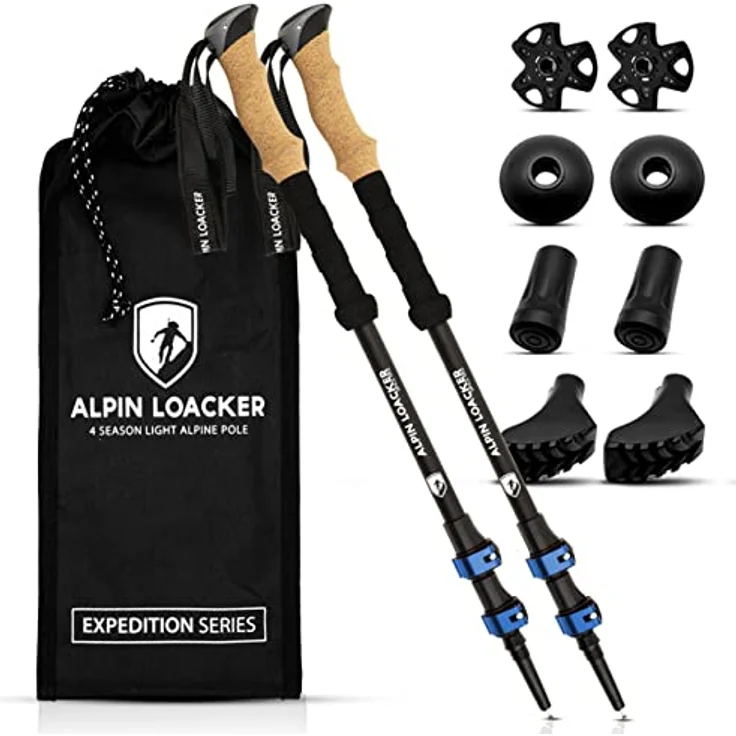 ALPIN LOACKER Teleskop Wanderstöcke Aluminium mit Korkgriff, ultraleichte Nordic Walking Stöcke für Skifahren und Wandern, verstellbar von 105 bis 135 cm, blau – Bild 1