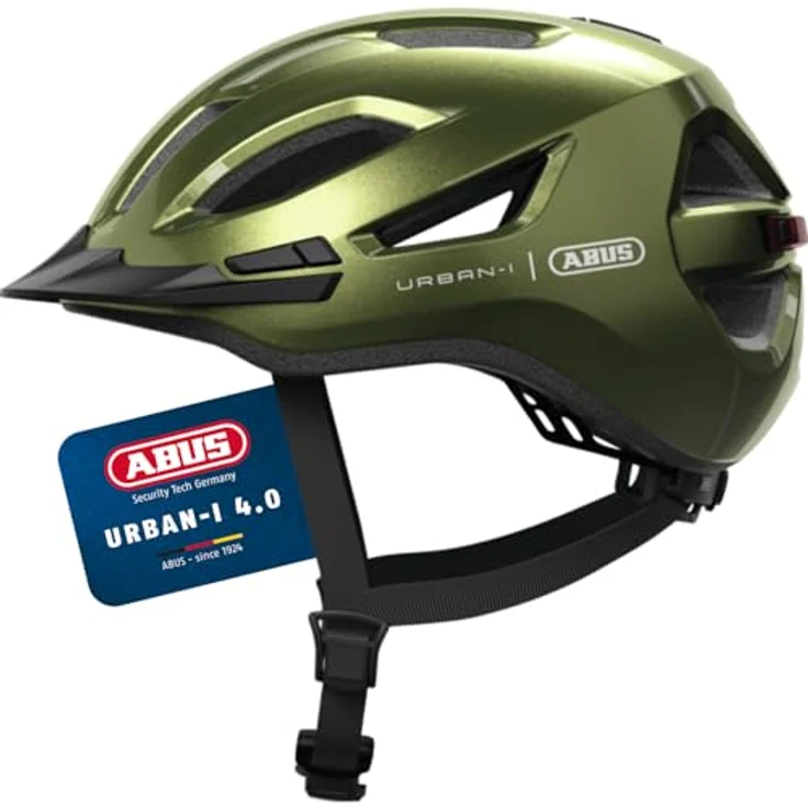 ABUS Stadthelm Urban-I 4.0 - Fahrradhelm mit aufladbarem Rücklicht, 2 Leuchtmodi, Zopf-Öffnung, Größe L, grün – Bild 1