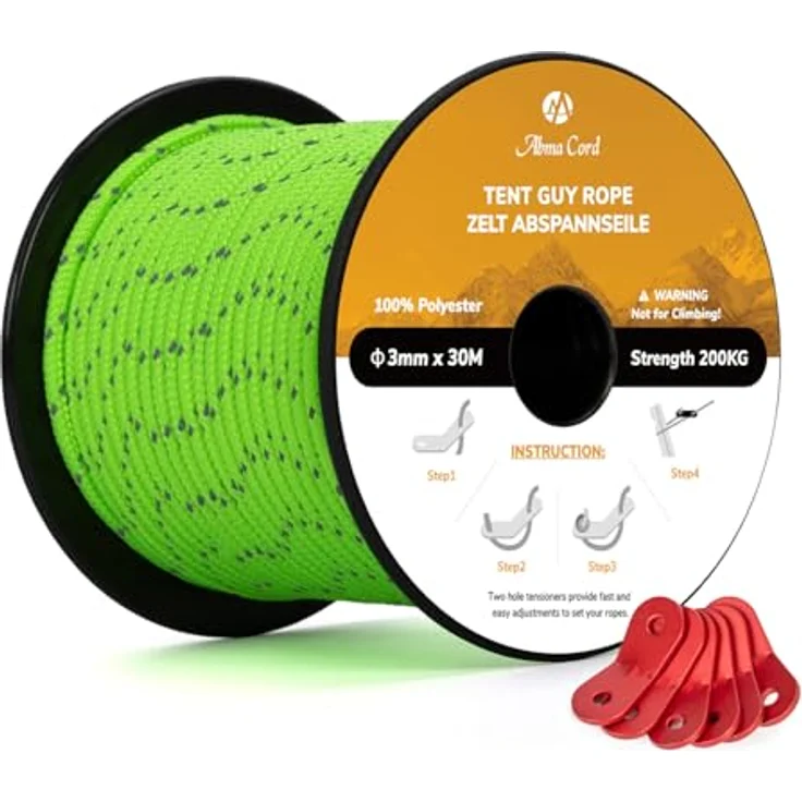 Abma Cord Abspannseile, 30m Zeltschnur mit 6 Seilspannern, 3mm Durchmesser, reflektierende Neon Grün, 200 kg Bruchlast, ideal für Camping und Outdoor-Aktivitäten – Bild 1