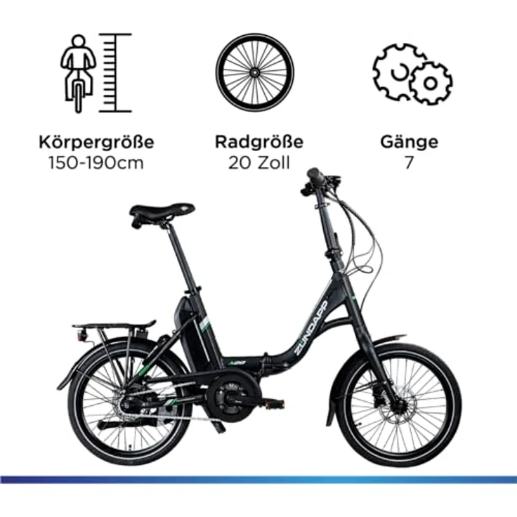 ZÜNDAPP X20 E Bike 20 Zoll Klapprad für Damen und Herren 150-190 cm Bosch Ebike Mittelmotor mit 7 Gang Nabenschaltung Elektro Fahrrad 400 Wh Akku Faltrad (schwarz/grün) – Bild 3