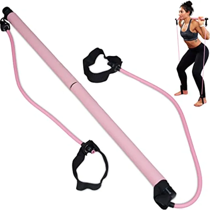 Relaxdays Pilatesstab, 2 Widerstandsbänder mit Fußschlaufe, Pilates-Bar-Set, Yoga, Fitness, Pilates Trainingsgerät, pink