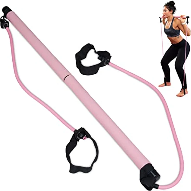 Relaxdays Pilatesstab, 2 Widerstandsbänder mit Fußschlaufe, Pilates-Bar-Set, Yoga, Fitness, Pilates Trainingsgerät, pink – Bild 1