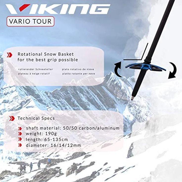 VIKING Vario Tour Trekkingstöcke, leichte Karbon Teleskopstöcke für Skitouren und Trekking, verstellbar 65-135 cm, Grau, Fast-Lock System – Bild 3