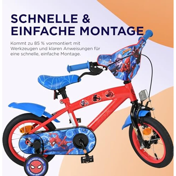 Volare Spider-Man Kinderfahrrad, 12 Zoll mit Handbremse, Rücktrittbremse, abnehmbaren Stützrädern, Blau/Rot – Bild 7