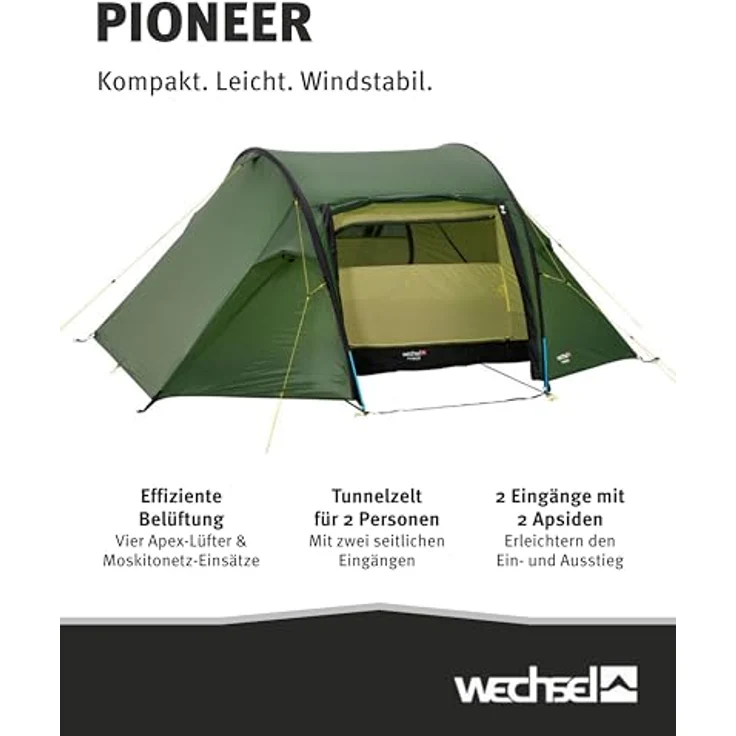 Wechsel Pioneer Tunnelzelt, 2 Personen, 2,1 kg, 3000 mm Wassersäule, zwei Eingänge, 110 cm Stehhöhe – Bild 2