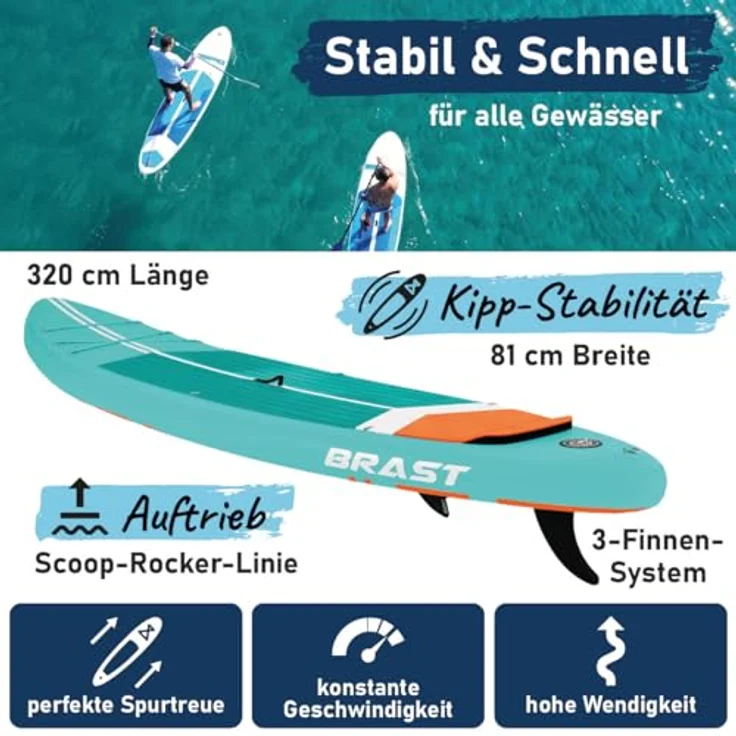 BRAST SUP Board Turtle, Aufblasbares Stand up Paddle Set, 320x81x15cm, Tragkraft bis 200 kg, inkl. Kajaksitz und Zubehör, Türkis – Bild 2