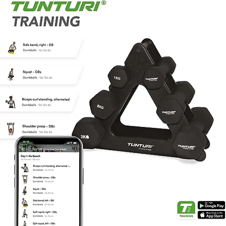 Tunturi 6er Set Kurzhanteln mit Rack, Hantelset mit je 2 x 1 kg, 2 kg, 3 kg, Kurzhantelset, Hanteln aus Gusseisen – Bild 3
