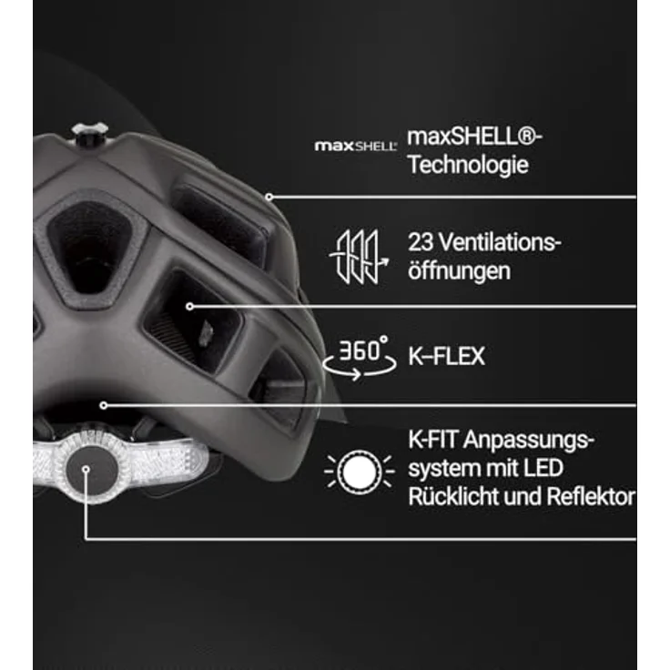 KED Crom Fahrradhelm, für Mountainbike und Trekking, mit LED Rücklicht, FIDLOCK Verschluss, Insektenschutznetz, Farbe: Black Matt, Größe: 60-65 (XL) – Bild 3