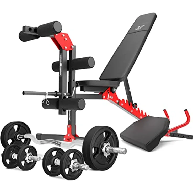 Marbo Sport MH1_68KG_KIER_G | Verstellbare multifunktionale Trainingsbank + Curl Pult Scott-Bank + Beintrainer + Hantelstangen/Gummierten Hantelscheiben Set 42 kg | Made in EU