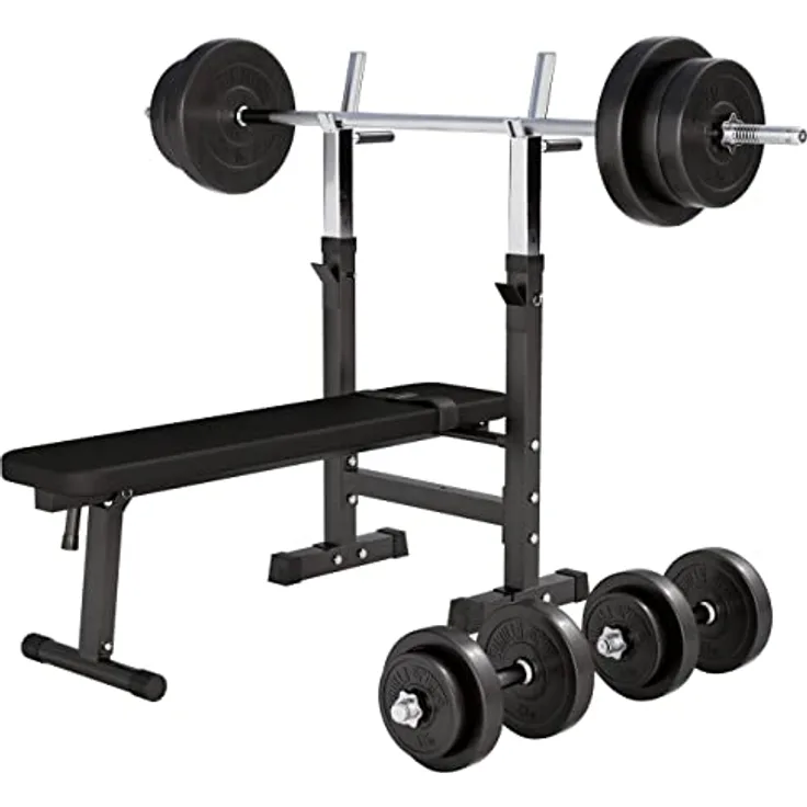 GORILLA SPORTS® Hantelbank - inkl. Hantelset 38 kg/70 kg, Ablage und Dip-Station, Verstellbare Höhe und Neigungswinkel, Klappbar, bis 200 kg - Trainingsbank mit Langhantelset, Flachbank, Schrägbank