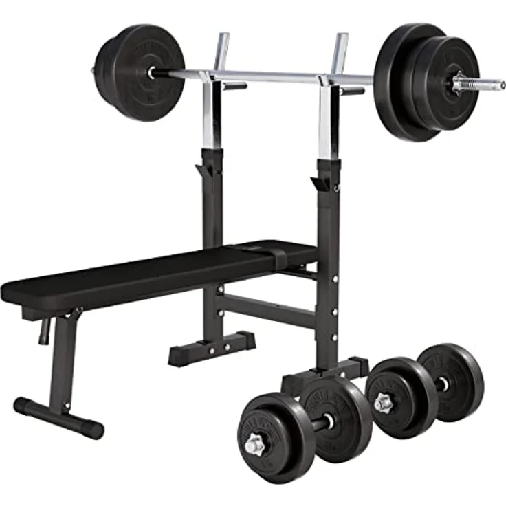 GORILLA SPORTS® Hantelbank - inkl. Hantelset 38 kg/70 kg, Ablage und Dip-Station, Verstellbare Höhe und Neigungswinkel, Klappbar, bis 200 kg - Trainingsbank mit Langhantelset, Flachbank, Schrägbank – Bild 1