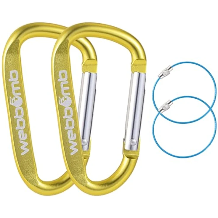 WEBBOMB® 2X Karabiner Haken 6,7 cm mit Schnappverschluss + 2X Edelstahl Drahtseil Schlüsselringe, gelb – Bild 1