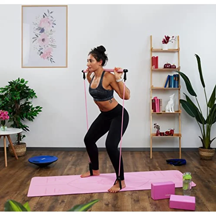 Relaxdays Pilatesstab, 2 Widerstandsbänder mit Fußschlaufe, Pilates-Bar-Set, Yoga, Fitness, Pilates Trainingsgerät, pink – Bild 5
