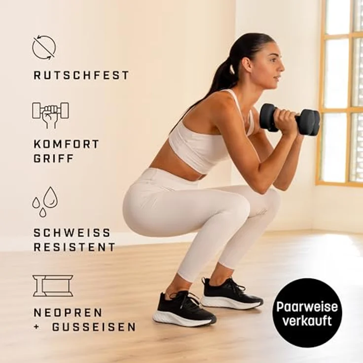 KG Physio Hantelset mit A3-Übungsposter - Neopren Kurzhanteln 2er Set - Fitness Gewichte aus Gusseisen - Schweißabweisendes Kurzhantelset für Frauen und Männer - 10 kg, Schwarz – Bild 2