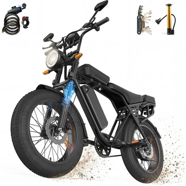PixelPilot E-Bike Mountainbike X5, 20 Zoll Fatbike mit 48 V 15 Ah Akku, 720 Wh, 4,0 Zoll Reifen, 1 Gang, Heckmotor, bis 200 kg tragbar, NFC-Funktion