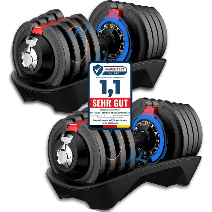 DH FitLife Verstellbare Hantel, 1,5 bis 18 KG mit 12 Gewichtsstufen, ergonomischer Anti-Rutsch-Handgriff, Gusseisen Hantelscheiben für Krafttraining und Ganzkörpertraining
