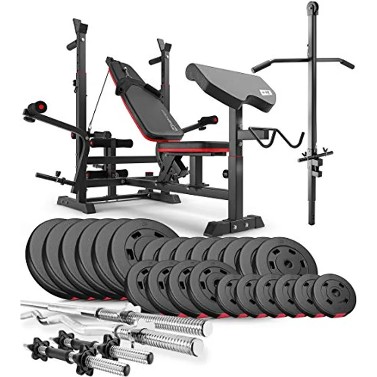 HS HOP-SPORT Hantelbank Kraftstation HS-1075 mit 135kg Hantelset und Latzug, Stahlrahmenkonstruktion, Schwarz
