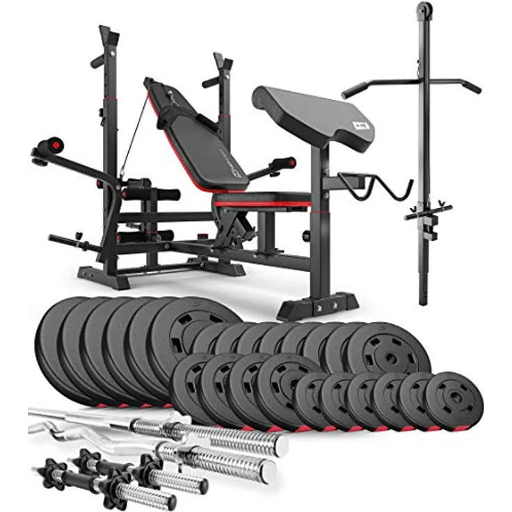HS HOP-SPORT Hantelbank Kraftstation HS-1075 mit 135kg Hantelset und Latzug, Stahlrahmenkonstruktion, Schwarz – Bild 1