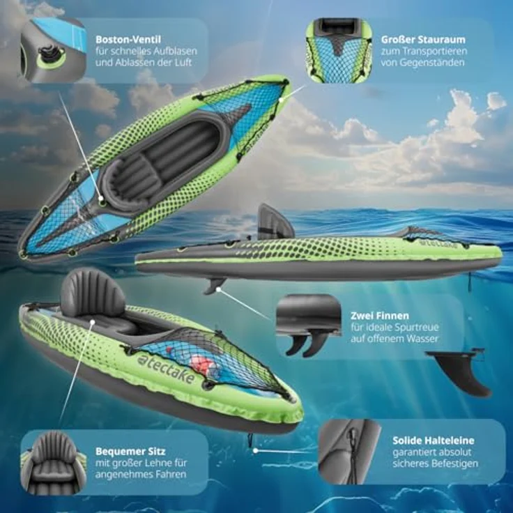 tectake® Aufblasbares Kajak Boot, 1-Personen Paddelboot mit Doppelpaddel, Sitz, Pumpe und Transporttasche, robustes PVC, spurtreue Finnen, ideal für Wassersport und Angeln – Bild 3