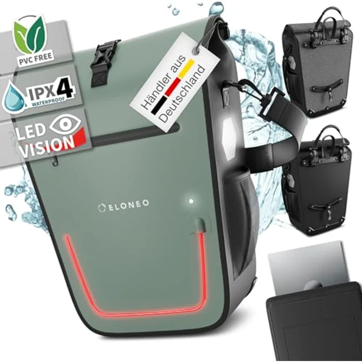 Eloneo Velotasche, Gepäckträgertasche mit 25 l, gepolstertem Laptopfach, wasserdicht, zuschaltbare LED-Beleuchtung – Bild 1