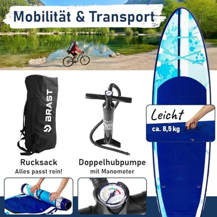 BRAST SUP Board Shark, Aufblasbares Stand-Up Paddle Set 320x81x15cm, 200 kg Tragkraft, inkl. 2in1 Paddel, Kajak-Sitz, Action-Cam-Halterung, 8 Designs, 5 Jahre Garantie – Bild 4