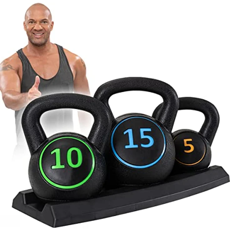 Miweba Sports Kettlebell Hanteln Set | Kugelhantel Set - Hantelset 5 | 10 | 15 lbs - Kettlebells - Schwunghantel - Inklusive Ablage für Kugeln - Gewichte für Anfänger/Fortgeschrittene/Profi – Bild 1