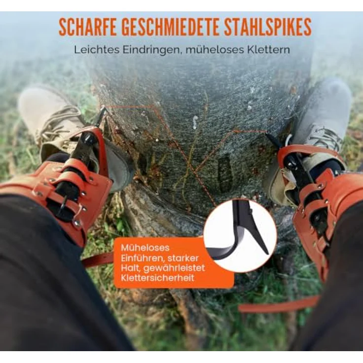 VEVOR Steigeisen Baumklettern, 1 Paar Baumklettern Ausrüstung mit 158 kg Tragkraft, einstellbare Höhe 335,28-431,8 mm, scharfe Stahlspikes und Gurte, Orange – Bild 5