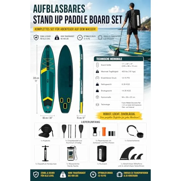 COIL Aufblasbares SUP-Board – Stand Up Komplettset mit Paddel, Pumpe, wasserdichter Handytasche, stabil, 335 cm, 181 kg, Grün – Bild 2
