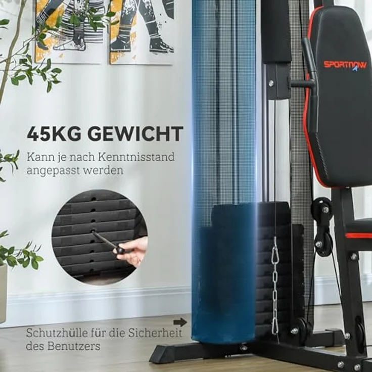 SPORTNOW Kraftstation, Multifunktionale Fitnessstation mit Latzug- & Butterflystange, Beinpresse, 45 kg Gewichtsblöcken, Schwarz – Bild 4