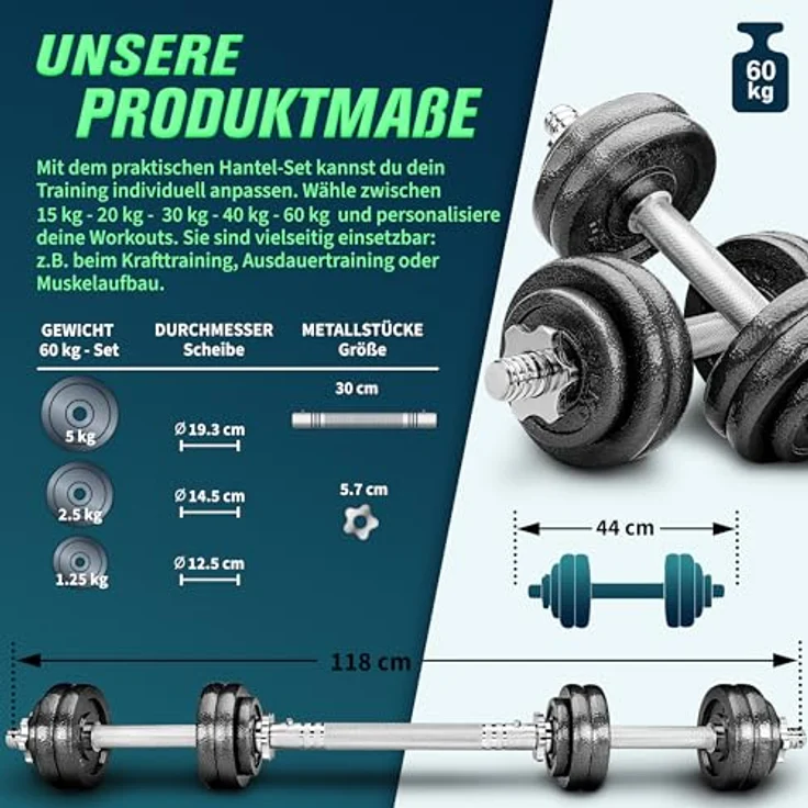 RE:SPORT 2 in 1 Hanteln Set 60 kg, Gusseisen verstellbar, Kurzhantel & Langhantel mit 4 Sicherheitsverschlüssen und Verbindungsrohr – Bild 4