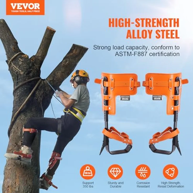 VEVOR Steigeisen Baumklettern, 1 Paar Baumklettern Ausrüstung mit 158 kg Tragkraft, einstellbare Höhe 335,28-431,8 mm, scharfe Stahlspikes und Gurte, Orange – Bild 2