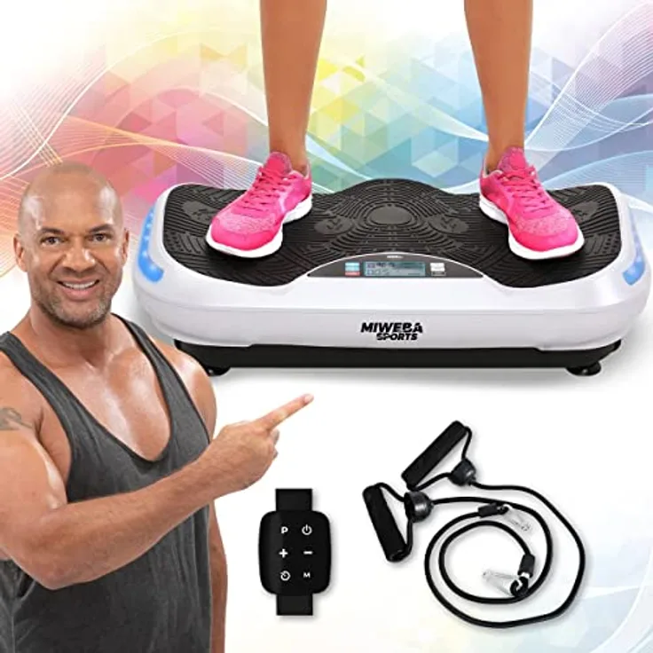 Miweba Sports Fitness 4D Wave Vibrationsplatte MV300 - Armband Fernbedienung - Wave Design - 800 Watt - Bluetooth Lautsprecher - Trainingsbänder - Led - große Trittfläche (Weiß)