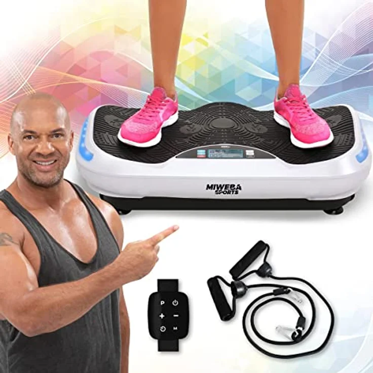 Miweba Sports Fitness 4D Wave Vibrationsplatte MV300 - Armband Fernbedienung - Wave Design - 800 Watt - Bluetooth Lautsprecher - Trainingsbänder - Led - große Trittfläche (Weiß) – Bild 1