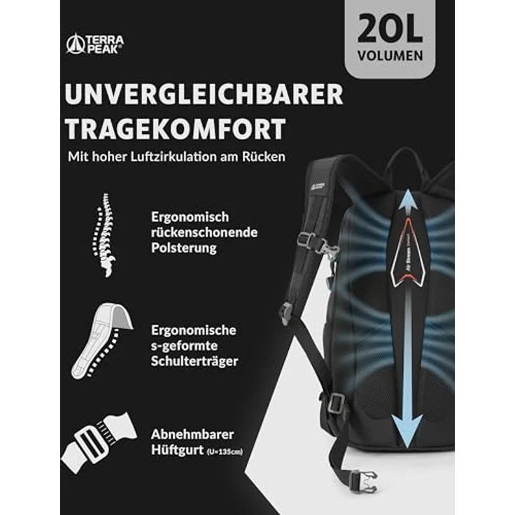 Terra Peak® FLEX 20, Premium Wanderrucksack 20L für Damen und Herren, wasserdicht, mit Trinksystem und Rückenbelüftung, schwarz – Bild 4