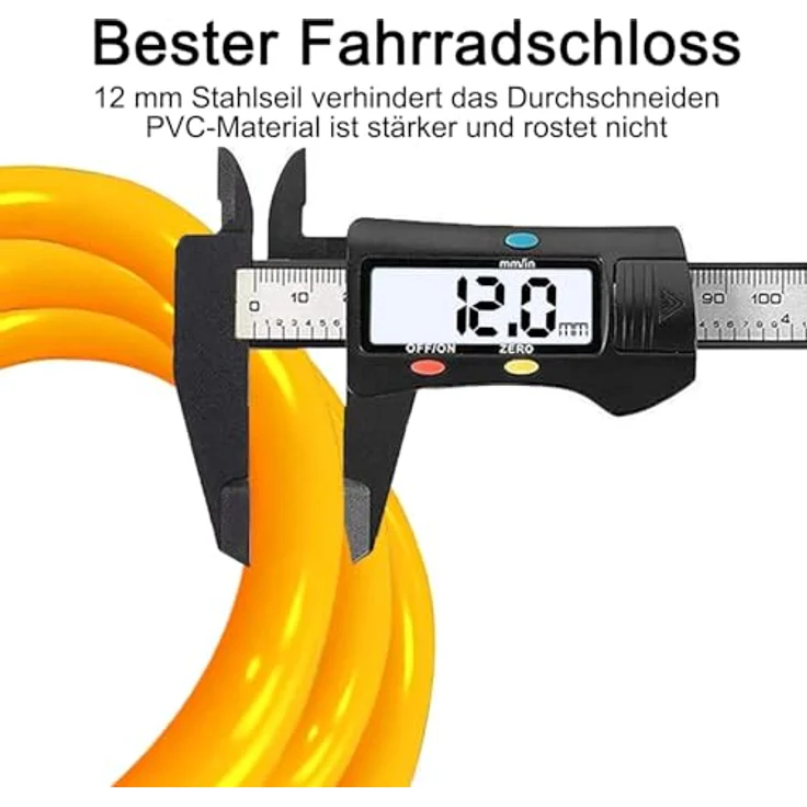REHKITTZ Fahrradschloss 120cm/12mm Kabelschloss mit 5-stelligem Zahlencode, sehr hohe Sicherheitsstufe, gelb – Bild 3
