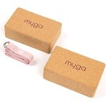 Myga Kork Yoga Zubehör Set, 2 Rutschfeste Kork Yoga Blöcke & Verstellbarer Yoga Gurt (Rosa), Unterstützung für Anfänger & Fortgeschrittene, Leicht & Tragbar