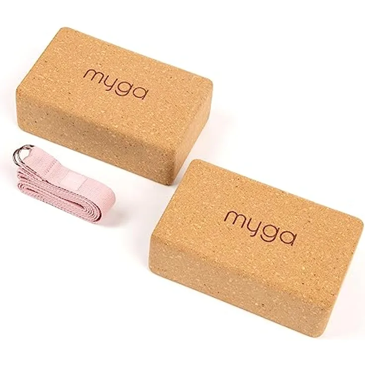 Myga Kork Yoga Zubehör Set, 2 Rutschfeste Kork Yoga Blöcke & Verstellbarer Yoga Gurt (Rosa), Unterstützung für Anfänger & Fortgeschrittene, Leicht & Tragbar