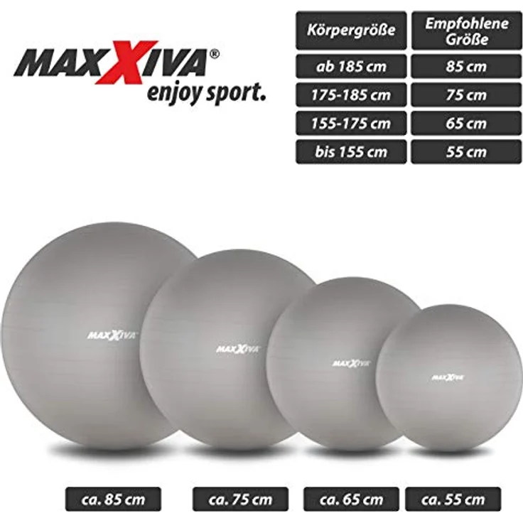 MAXXIVA® Gymnastikball Anti-Burst mit Luftpumpe bis 250 kg hautfreundlicher Sitzball Reha Hometraining Balanceball Yoga Pilates Sport Fitnessball (65 cm, Silber) – Bild 5