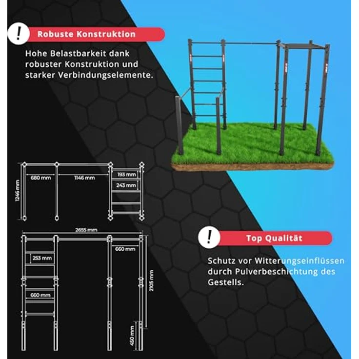 K-Sport Calesthenics Turnstange Garten, wetterfeste Kraftstation bis 150 kg, inkl. Barren, Sprossenwand, Klimmzugstange & Hangelleiter, Schwarz, Made in EU – Bild 5