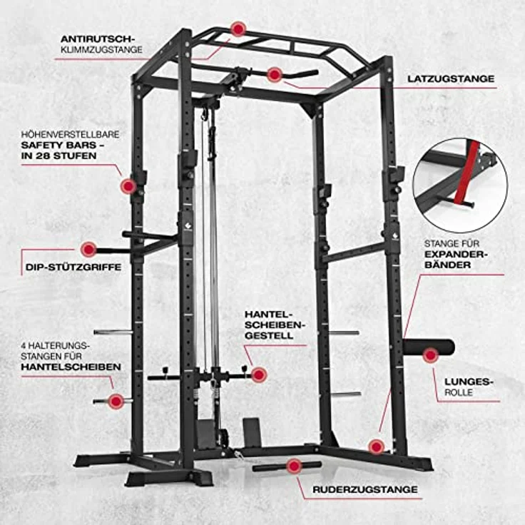 FitEngine Power Rack | Power Cage mit Latzug, Kabelzug, Dip-Station + Klimmzugstange | Variabel einstellbare Spotter für Langhantel – Bild 2
