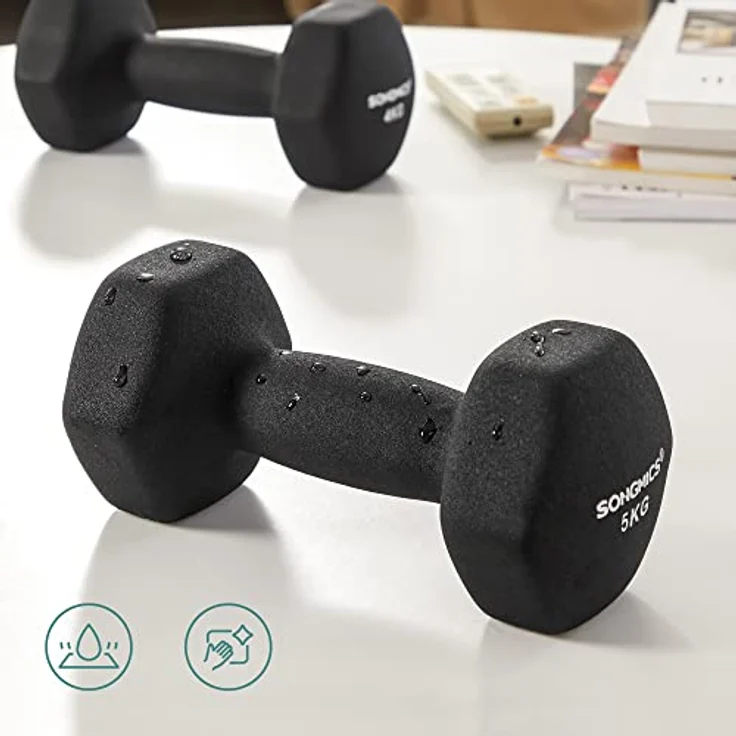 SONGMICS Hanteln, Hantelset 2 x 5 kg, Kurzhanteln mit Hantelständer 2 x 1 kg, 2 x 2 kg, 2 x 3 kg, Schwarz, Limettengrün, Aquamarin und Hellgrau, ideal für Krafttraining zu Hause, im Büro und Fitnessstudio – Bild 4