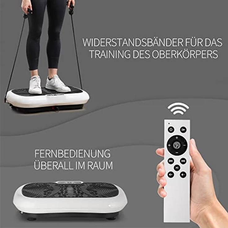 HOMCOM Vibrationsplatte mit 2 Fitnessbändern 99 Vibrationsstufen 120 kg Belastbarkeit Rüttelplatte Fitnessgeräte für Ganzkörpertraining zu Hause mit LCD-Anzeige 200W 73 x 40 x 13cm Weiß+Schwarz – Bild 4